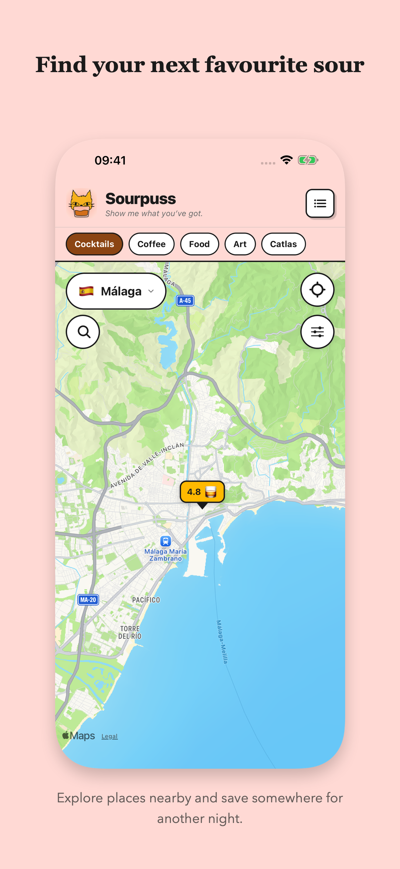 Explore map showing populated venue pins and search.